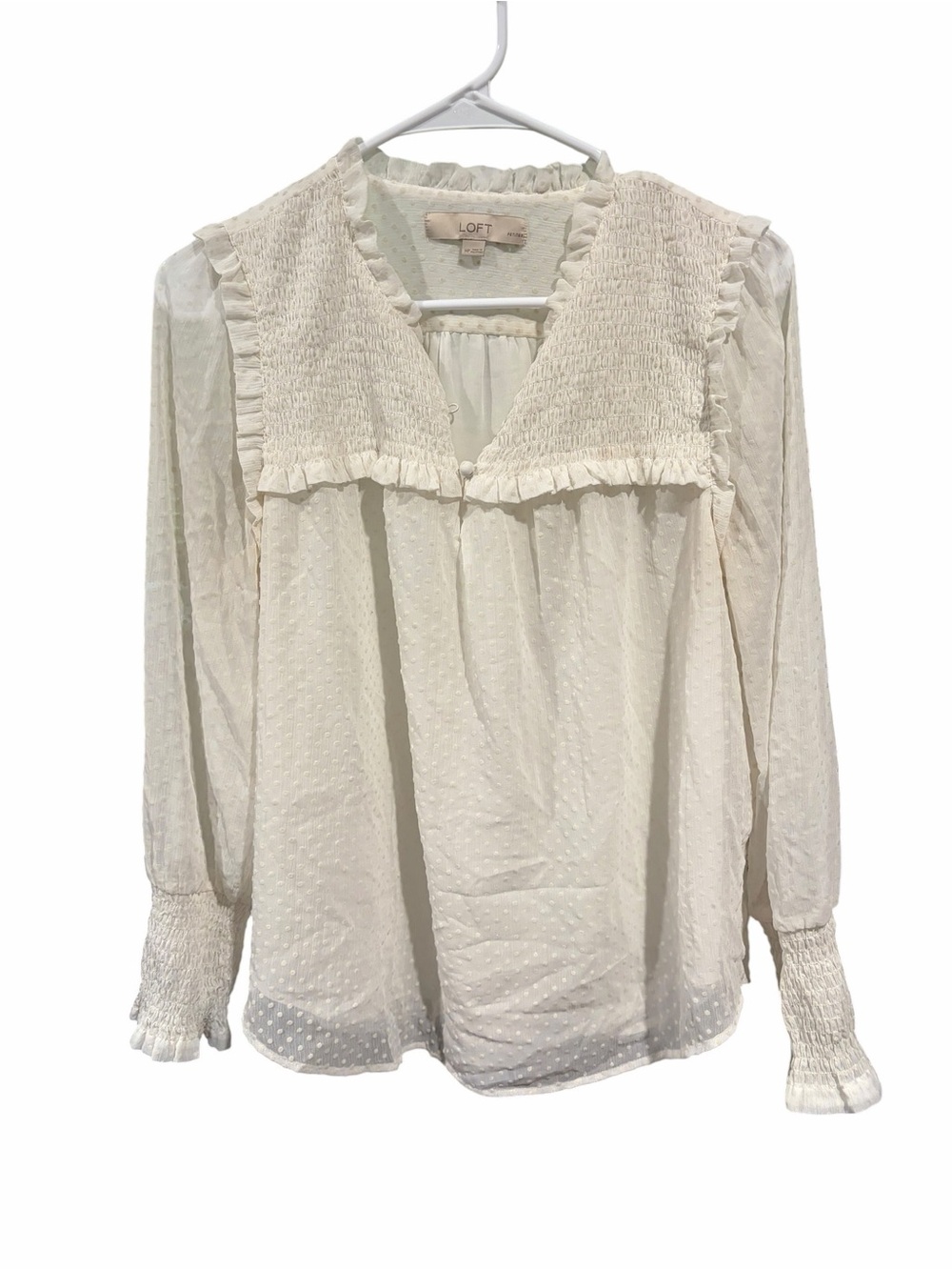 LOFT Cream Swiss-Dot Smocked V-Neck Ruffle Blouse